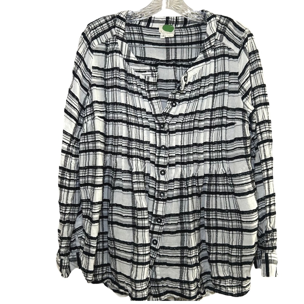 Anthropologie Black White Plaid Pintuck Button Down Blouse 12P  office neutral